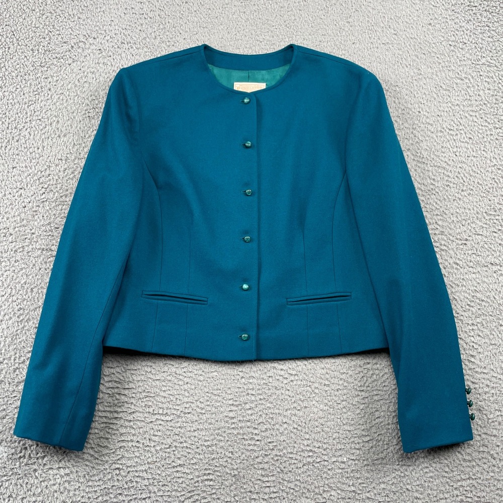 Pendleton Jacket Womens M Teal Blue Wool Blazer Collarless Cropped Vintage USA